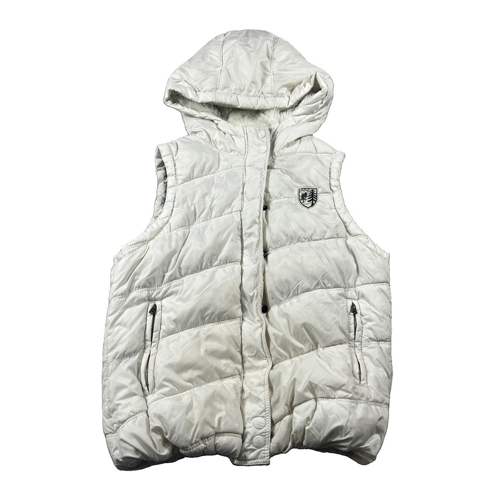 American Eagle Puffer Vest Fleece Hooded Jacket Off White Plaid Lined Women M